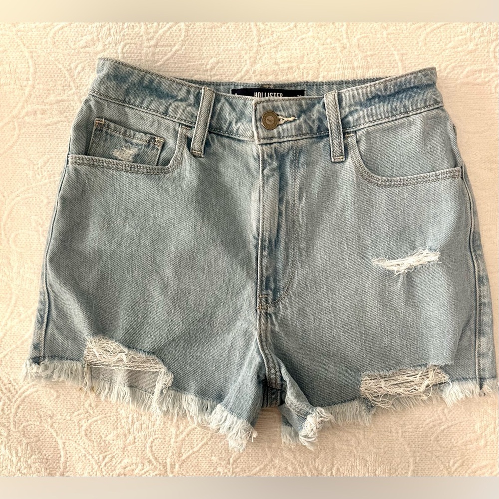 Hollister Women's Distressed High Waisted Denim Shorts - Light Blue